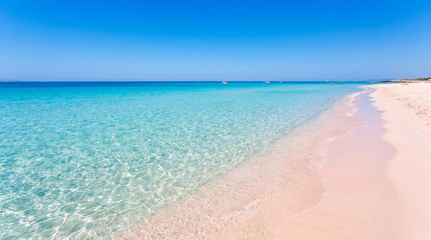 Vue panoramique de la plage de Ses Illetes avec son sable blanc et ses eaux cristallines turquoise sous un ciel bleu.