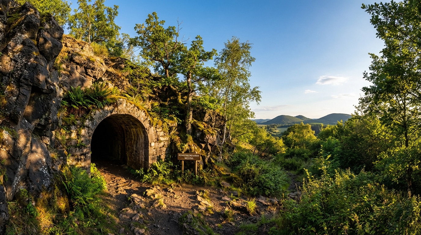 Entrée voûtée d'une ancienne mine romaine dans une colline rocheuse et verdoyante, avec vue sur une vallée et des collines boisées sous ciel bleu.