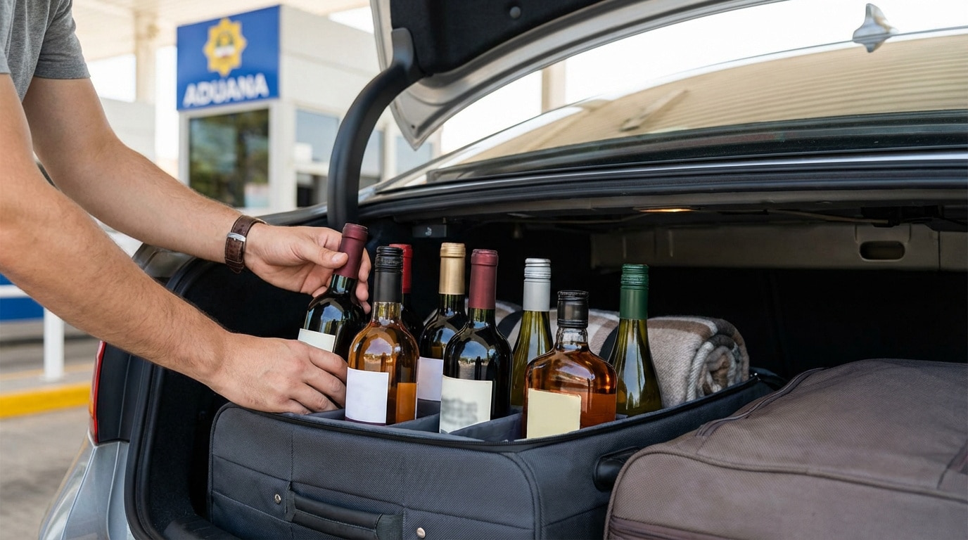 Homme chargeant des bouteilles d'alcool dans un coffre de voiture, avec un panneau "ADUANA" en arrière-plan. Voyage et douane.