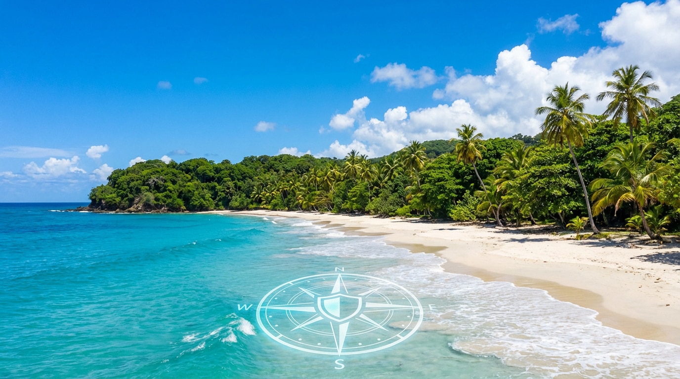 Plage tropicale idyllique en Martinique avec eau turquoise, sable blanc, palmiers et une boussole lumineuse pour la sécurité.