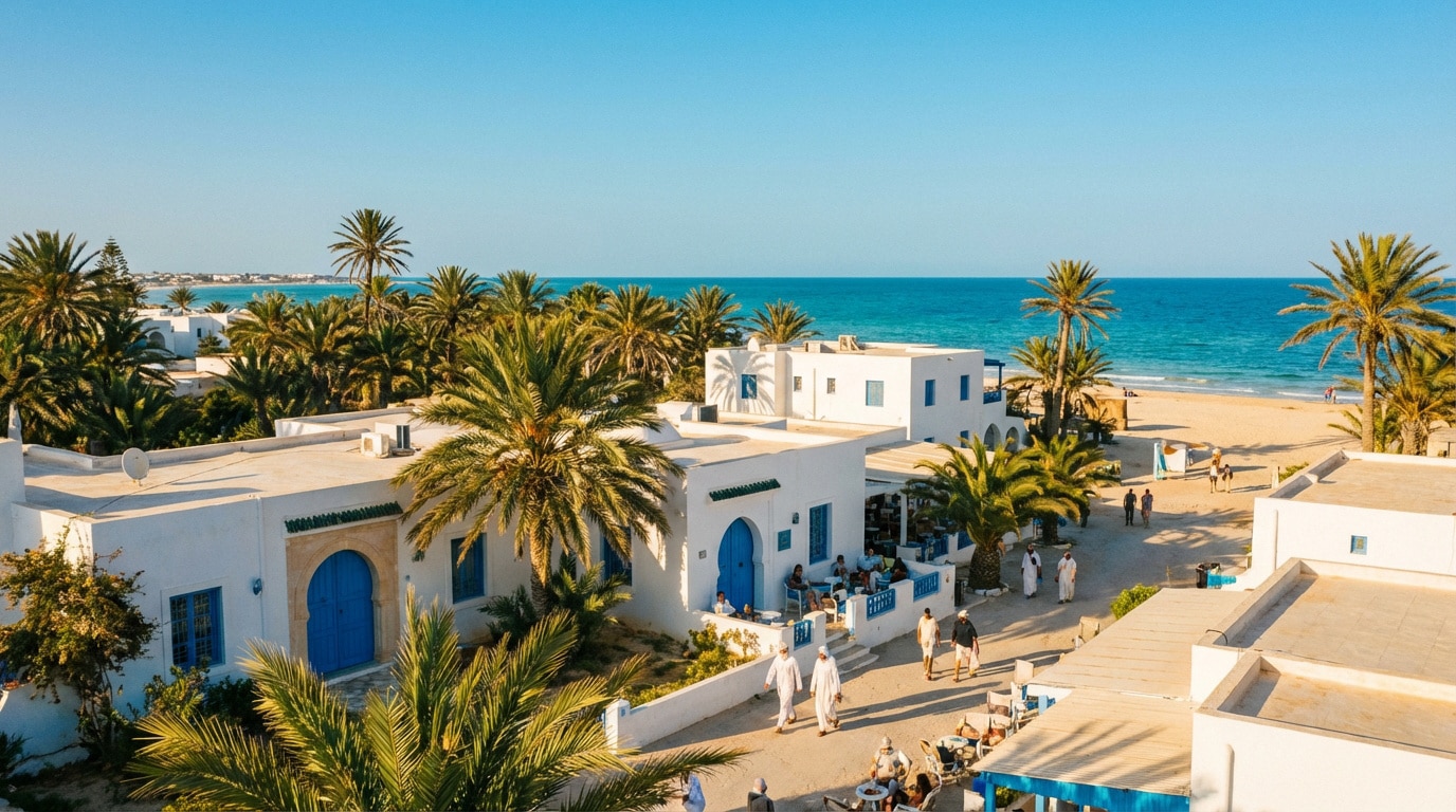 Vue aérienne de Djerba avec des maisons blanches et portes bleues, de nombreux palmiers, une plage de sable fin et la mer turquoise.