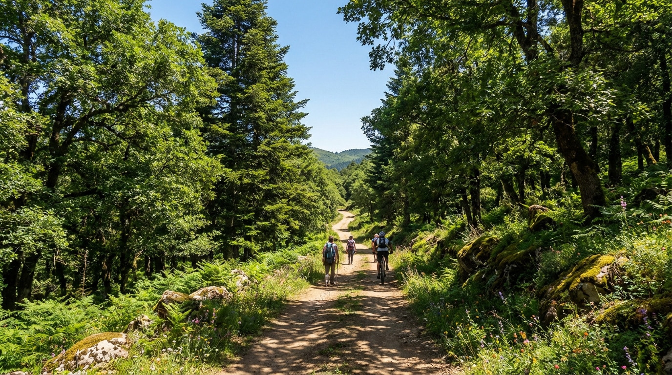Un groupe de personnes, dont un cycliste et un marcheur avec un chien, parcourt un sentier terreux en forêt dense et ensoleillée.