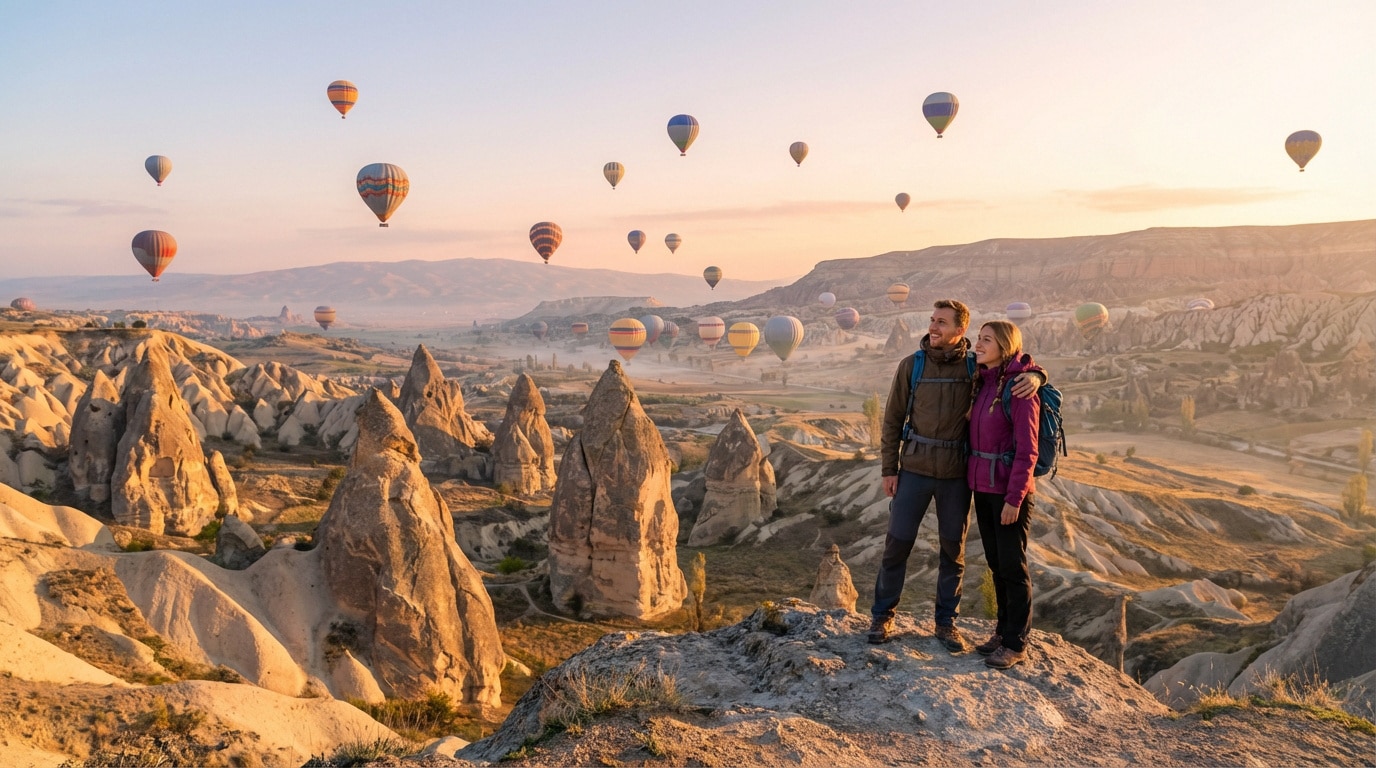 Couple souriant admirant le lever de soleil sur la Cappadoce avec des dizaines de montgolfières colorées survolant les formations rocheuses.