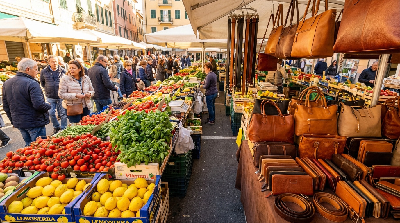 Foule de personnes dans un marché extérieur avec des étals de légumes (tomates, citrons, herbes) et un stand de sacs et ceintures en cuir.