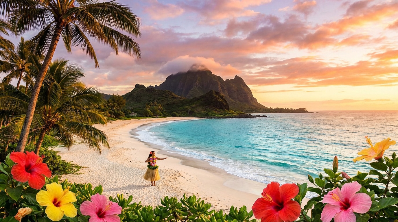 Plage hawaïenne au coucher du soleil avec une danseuse de hula, palmiers, montagnes et fleurs d'hibiscus colorées.