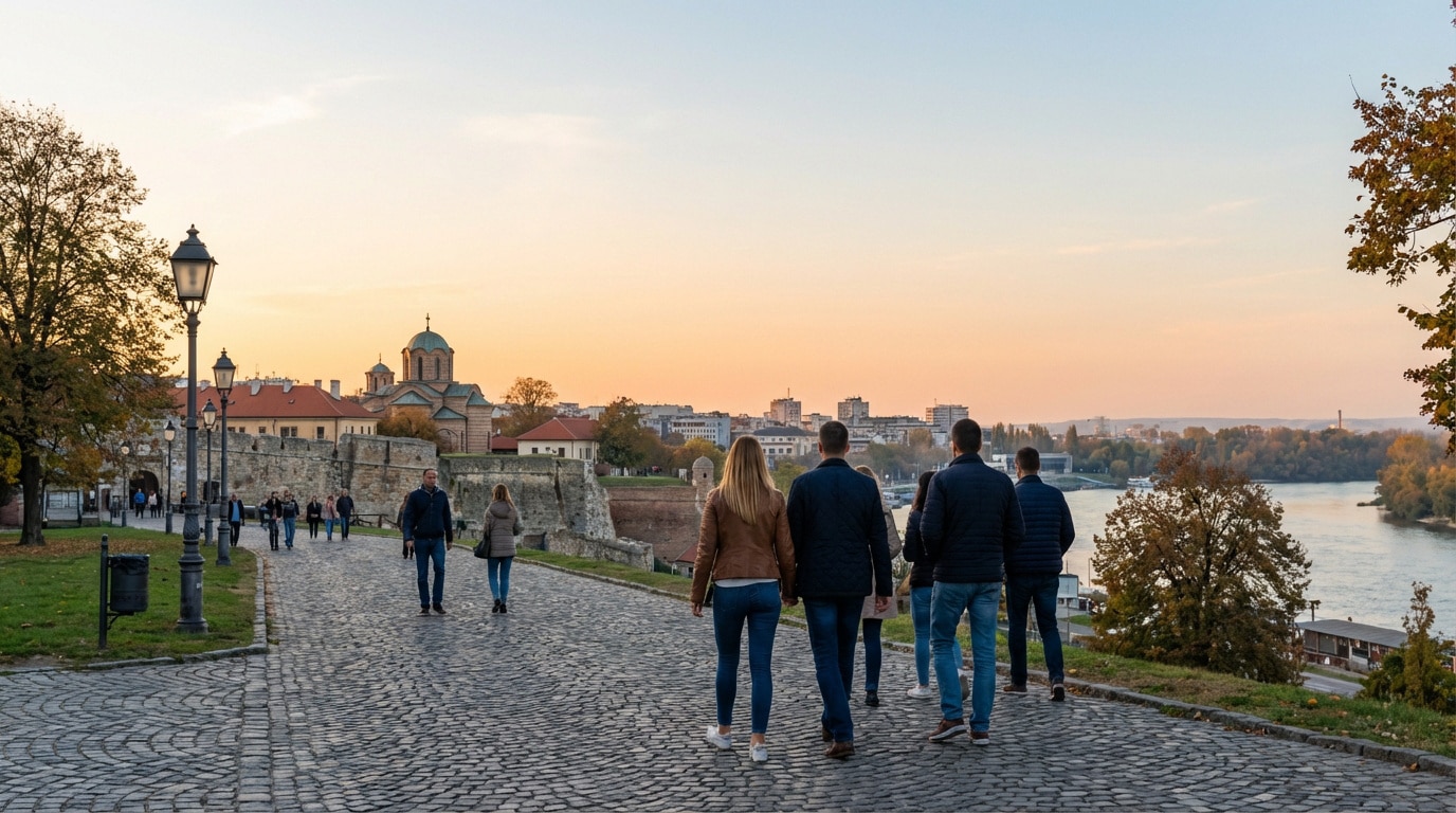 Chemin pavé de la forteresse de Belgrade au coucher du soleil avec des promeneurs, une église orthodoxe et la rivière.