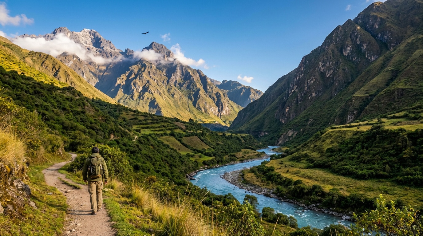 Un randonneur sur un sentier en terre longe une rivière turquoise sinueuse dans une vallée de montagnes andines luxuriantes sous ciel bleu.