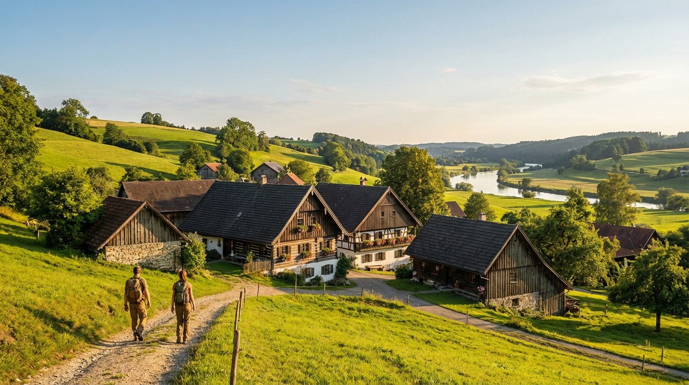 Deux randonneurs marchent sur un sentier en terre près de maisons traditionnelles bavaroises, avec des collines verdoyantes et une rivière en arrière-plan.