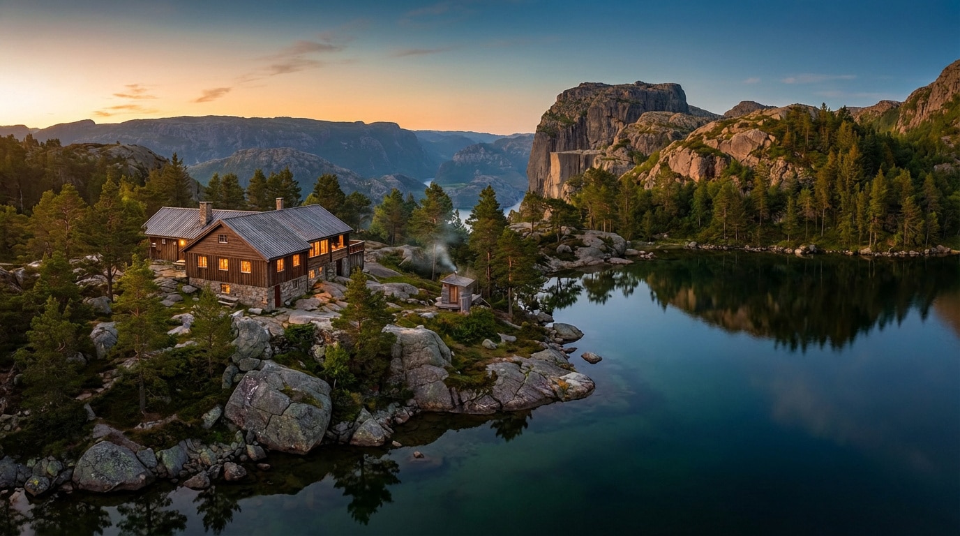Cabanes en bois éclairées au bord d'un lac miroitant, entourées de montagnes rocheuses et de forêts au coucher du soleil en Norvège.
