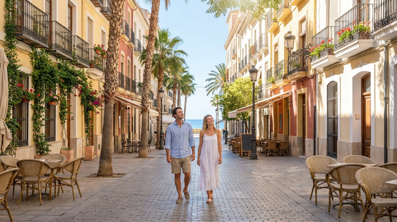 Couple souriant se promenant dans une rue piétonne bordée de palmiers et de bâtiments colorés à Alicante, la mer en fond.
