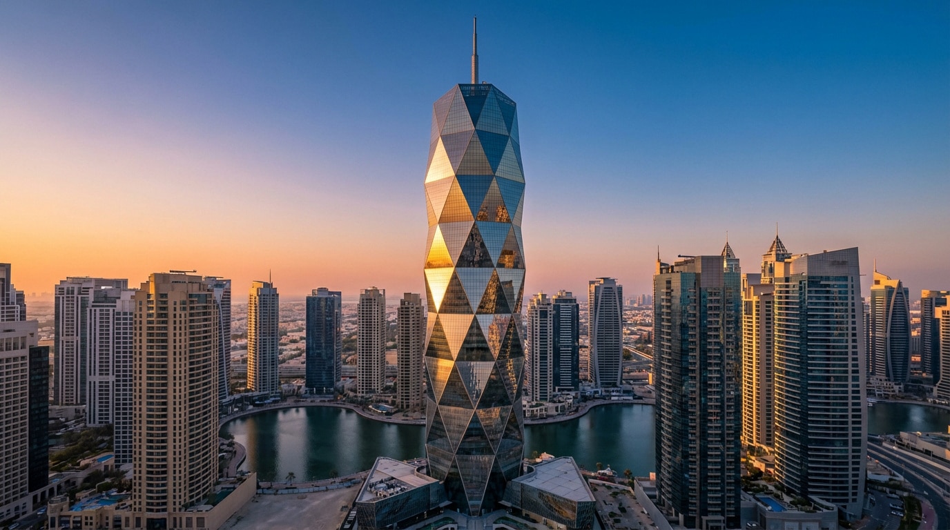 La Tour Almas, gratte-ciel géométrique, reflète un coucher de soleil orange et bleu sur la marina de Dubaï.