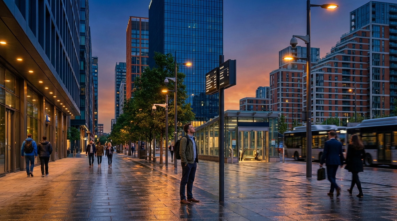 Rue urbaine moderne au crépuscule avec immeubles, piétons, bus et caméras. Le sol mouillé reflète les lumières chaudes.