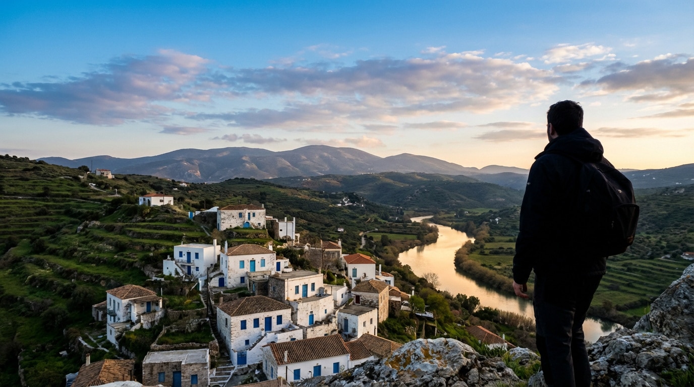 Homme de dos avec sac à dos, regardant un village blanc sur une colline verdoyante, une rivière sinueuse et des montagnes au loin sous un ciel nuageux.