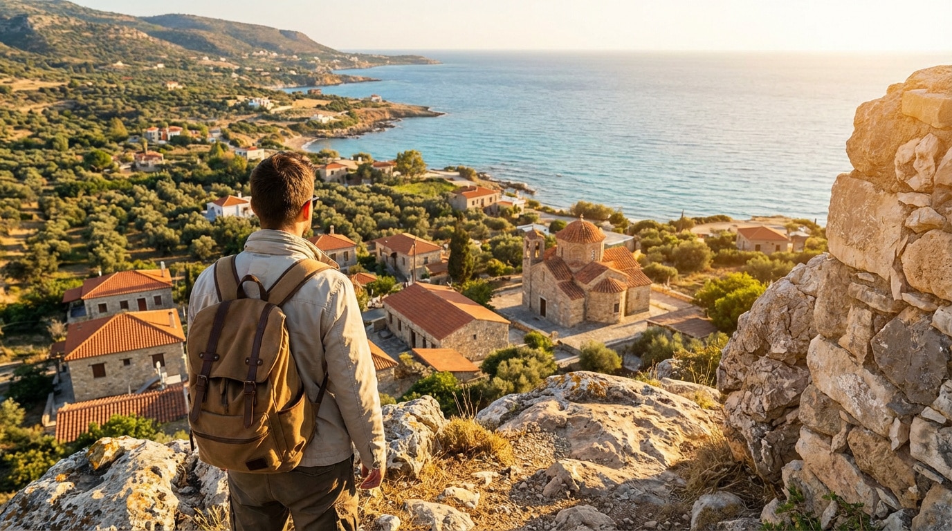 Un voyageur regarde un village méditerranéen avec une église, des oliviers et la mer au coucher du soleil.