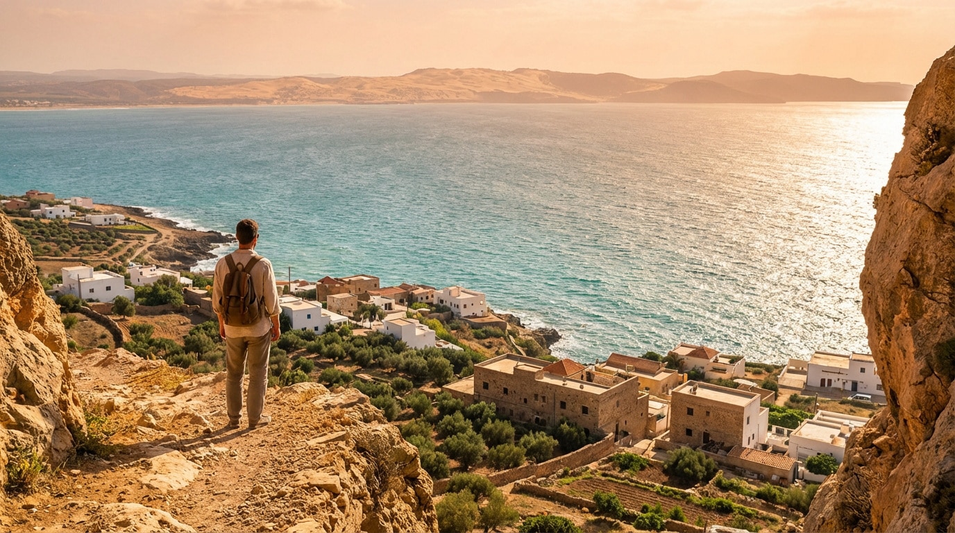 Un voyageur avec un sac à dos contemple un village côtier et la mer Méditerranée au coucher du soleil, avec des collines lointaines.