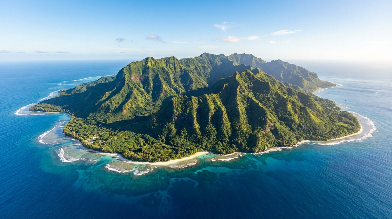 Vue aérienne d'une île tropicale montagneuse et luxuriante entourée d'un lagon turquoise et de l'océan bleu profond sous un ciel clair.