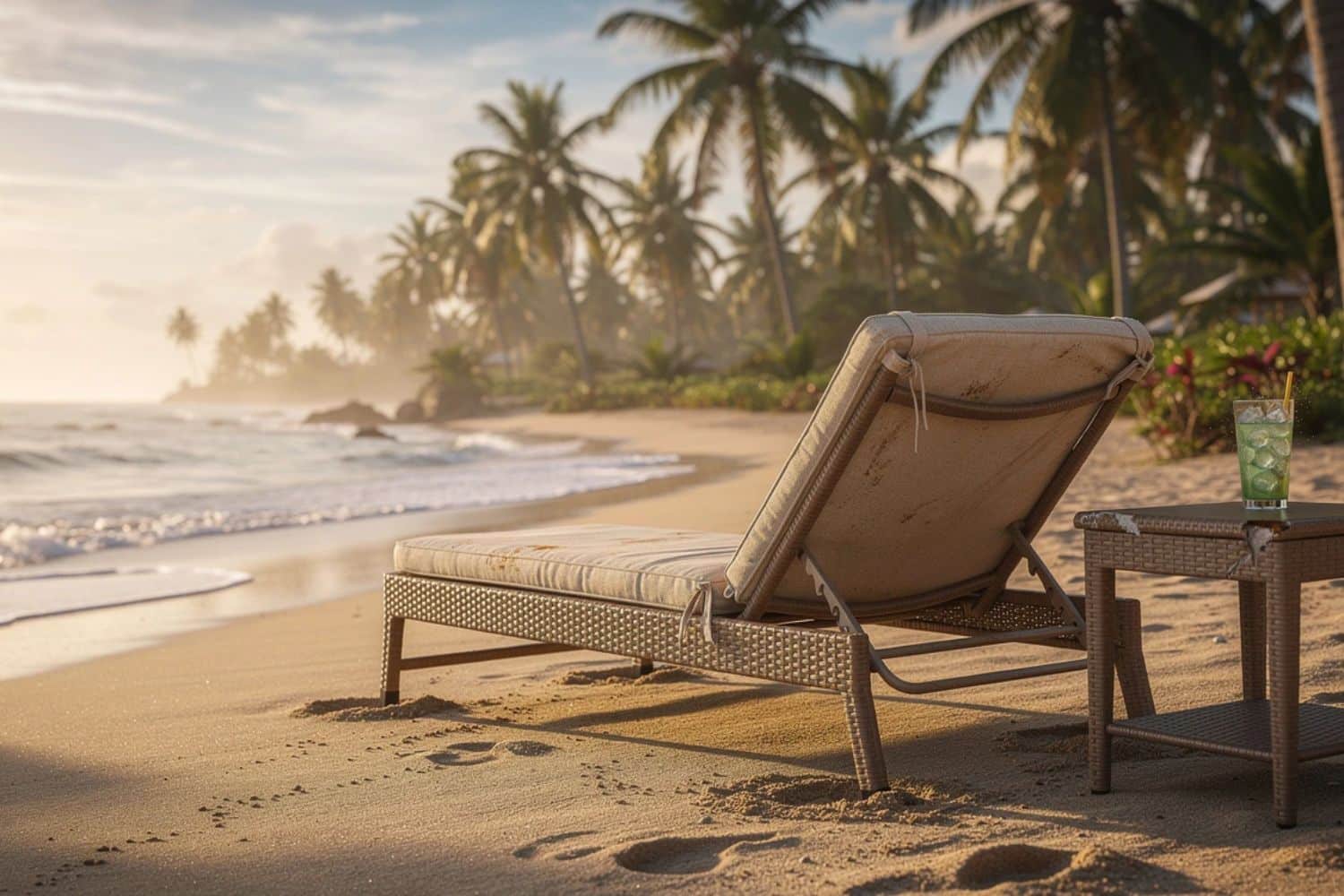 Transat sur plage tropicale au coucher du soleil
