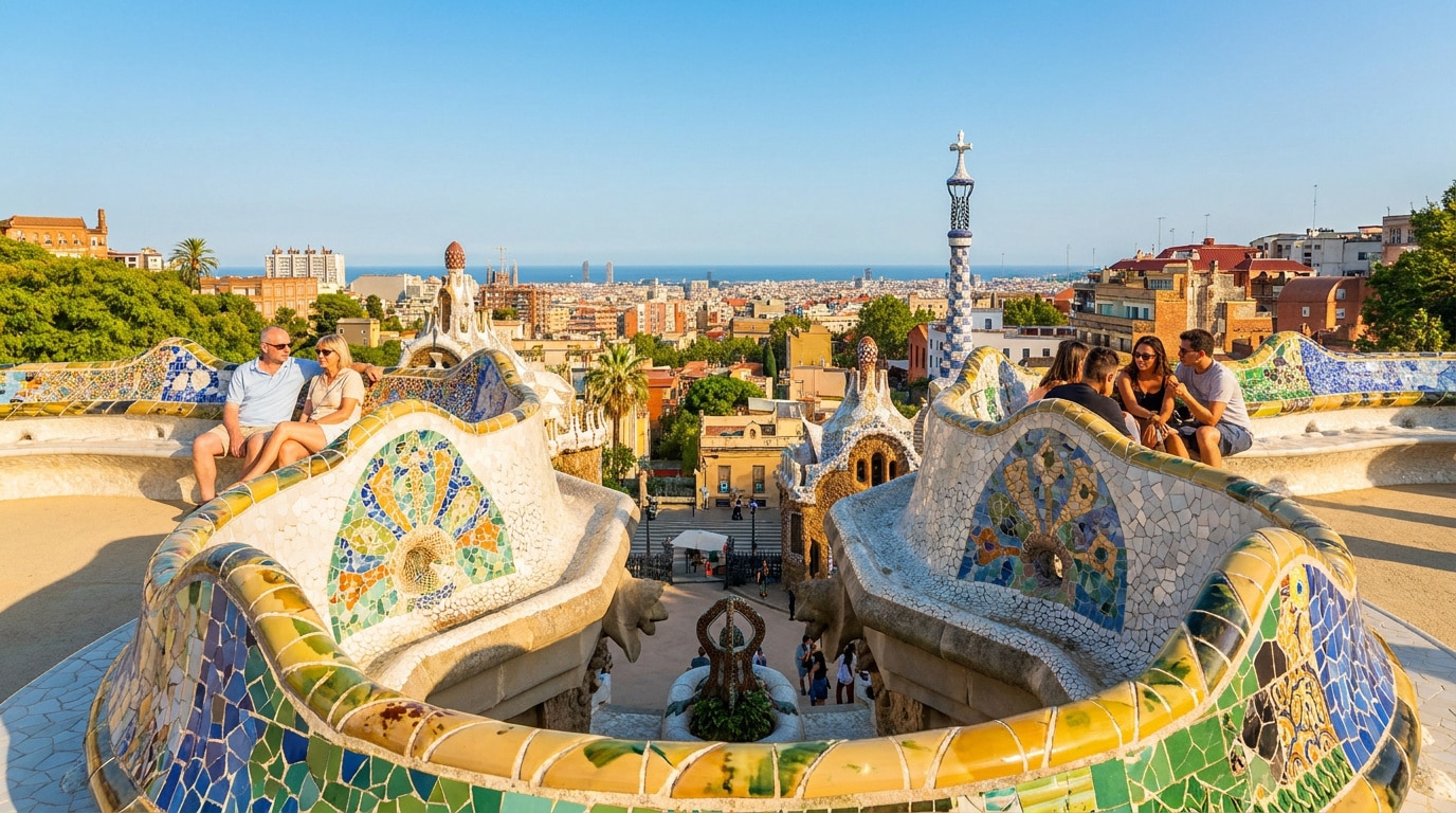 Vue panoramique du Parc Güell avec des bancs en mosaïque colorée et les touristes profitant de la vue sur Barcelone.