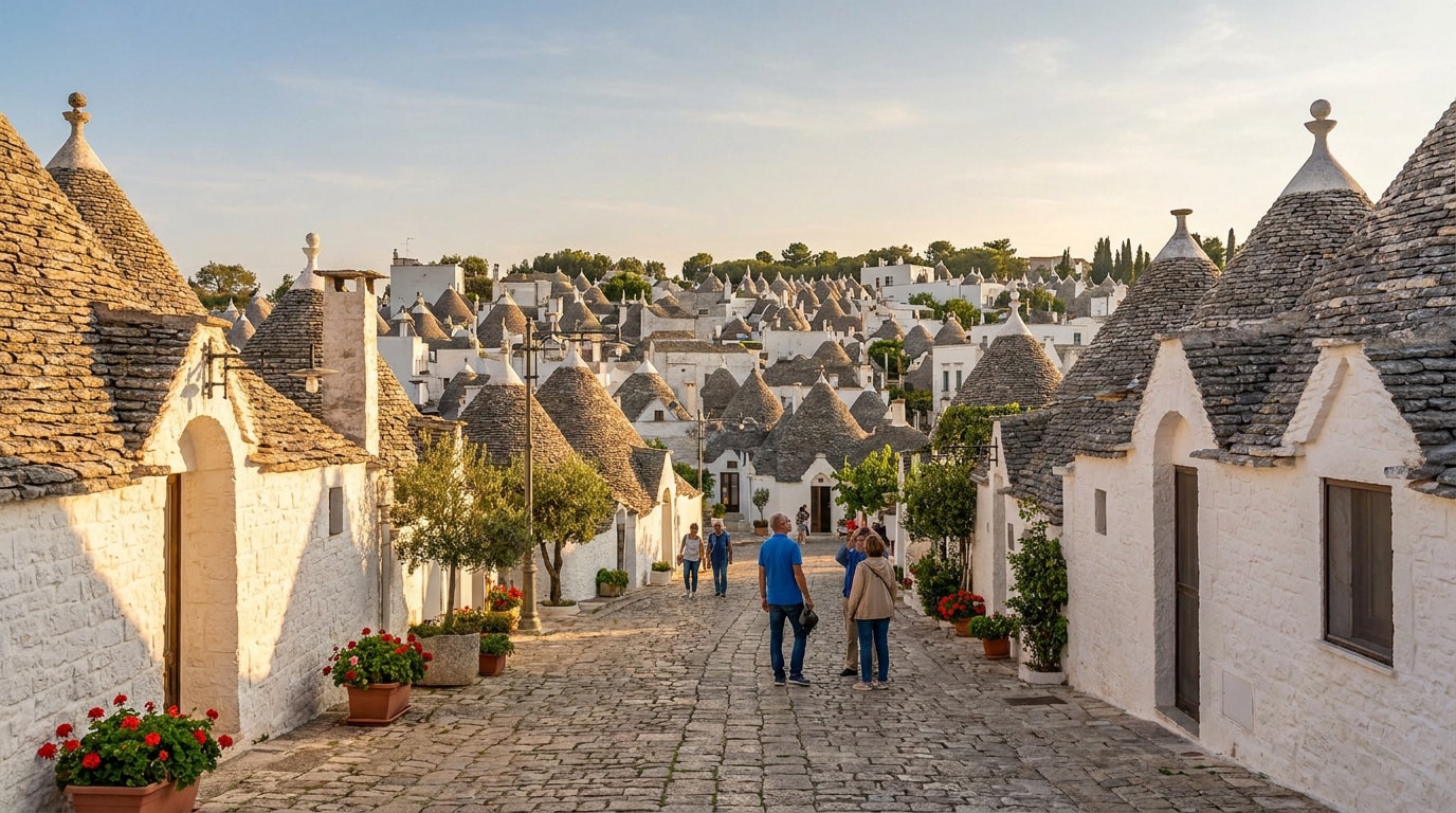 Rue pavée pittoresque bordée de trulli blancs aux toits coniques en pierre à Alberobello, dans les Pouilles, sous le soleil.