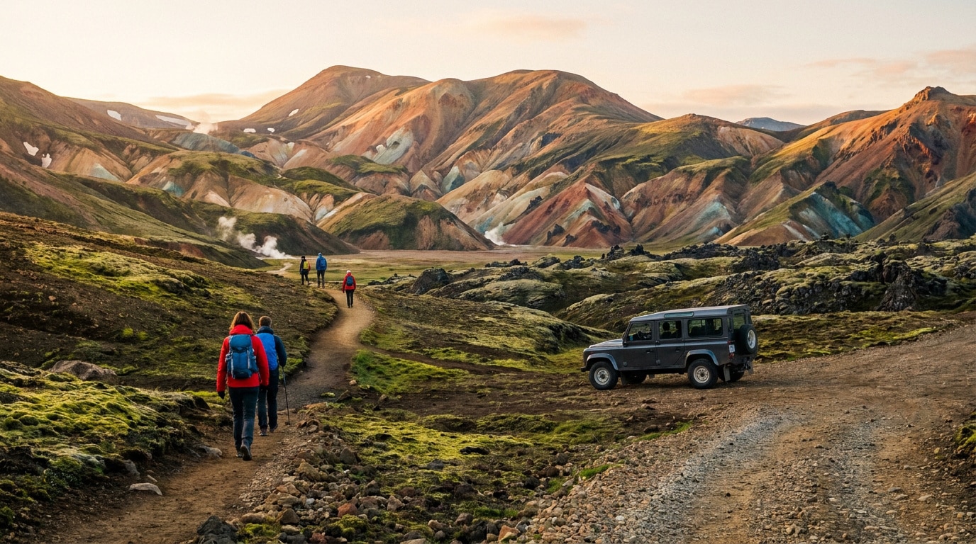 Randonneurs marchant sur un sentier volcanique face aux montagnes colorées du Landmannalaugar avec un 4x4 stationné.