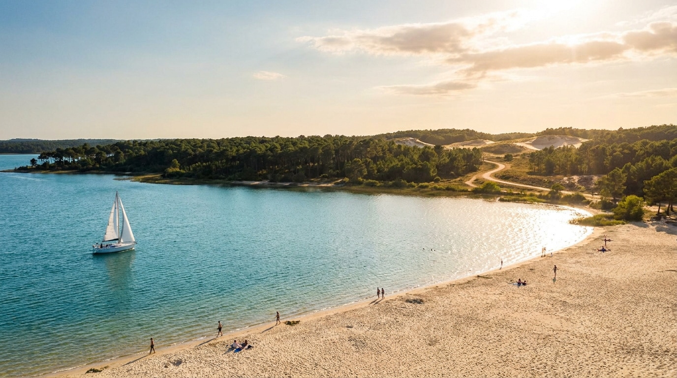 Voilier naviguant sur les eaux bleues du lac de Biscarrosse avec une plage de sable fin et une forêt de pins.
