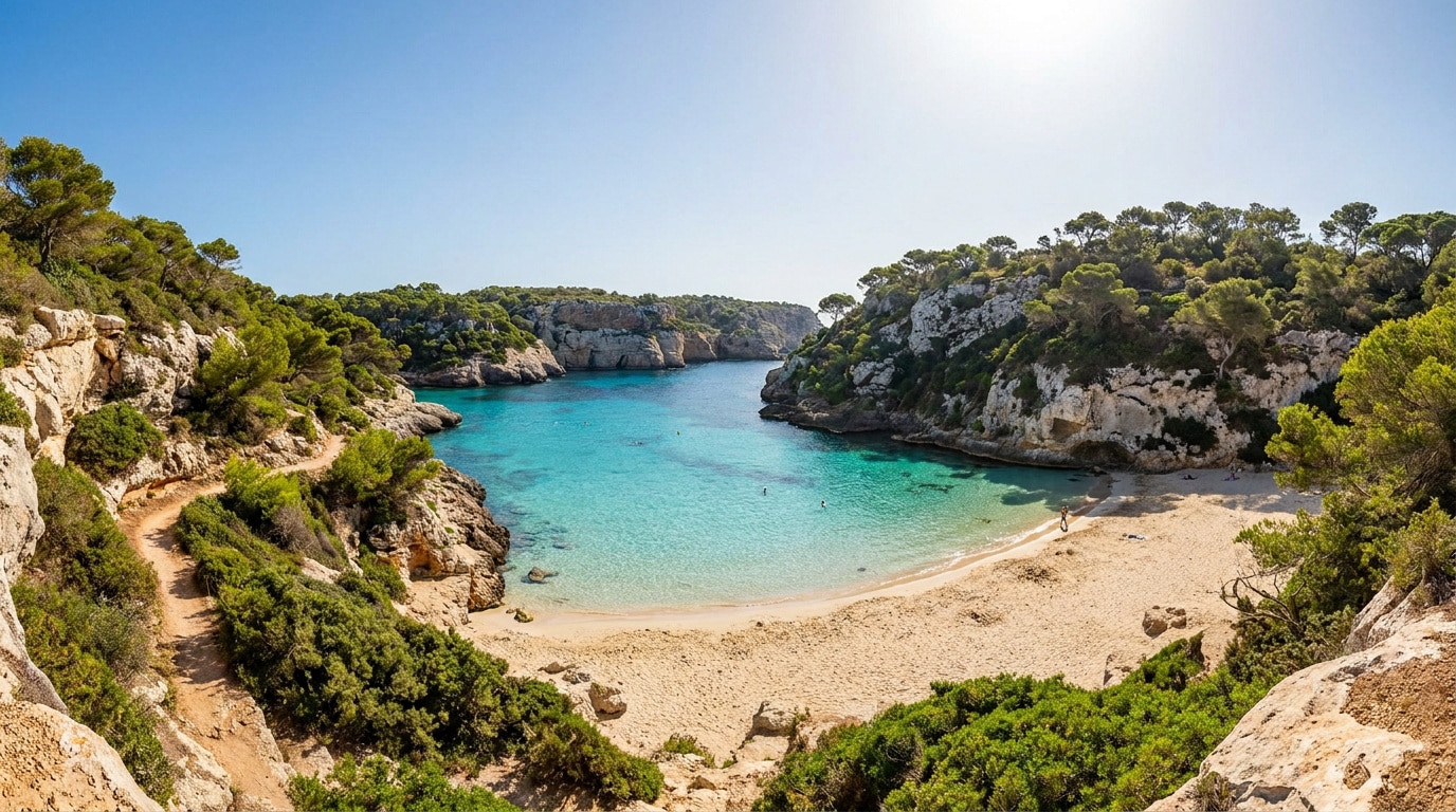 Vue panoramique d'une plage de sable fin bordée de rochers et de pins, avec des eaux turquoise cristallines.