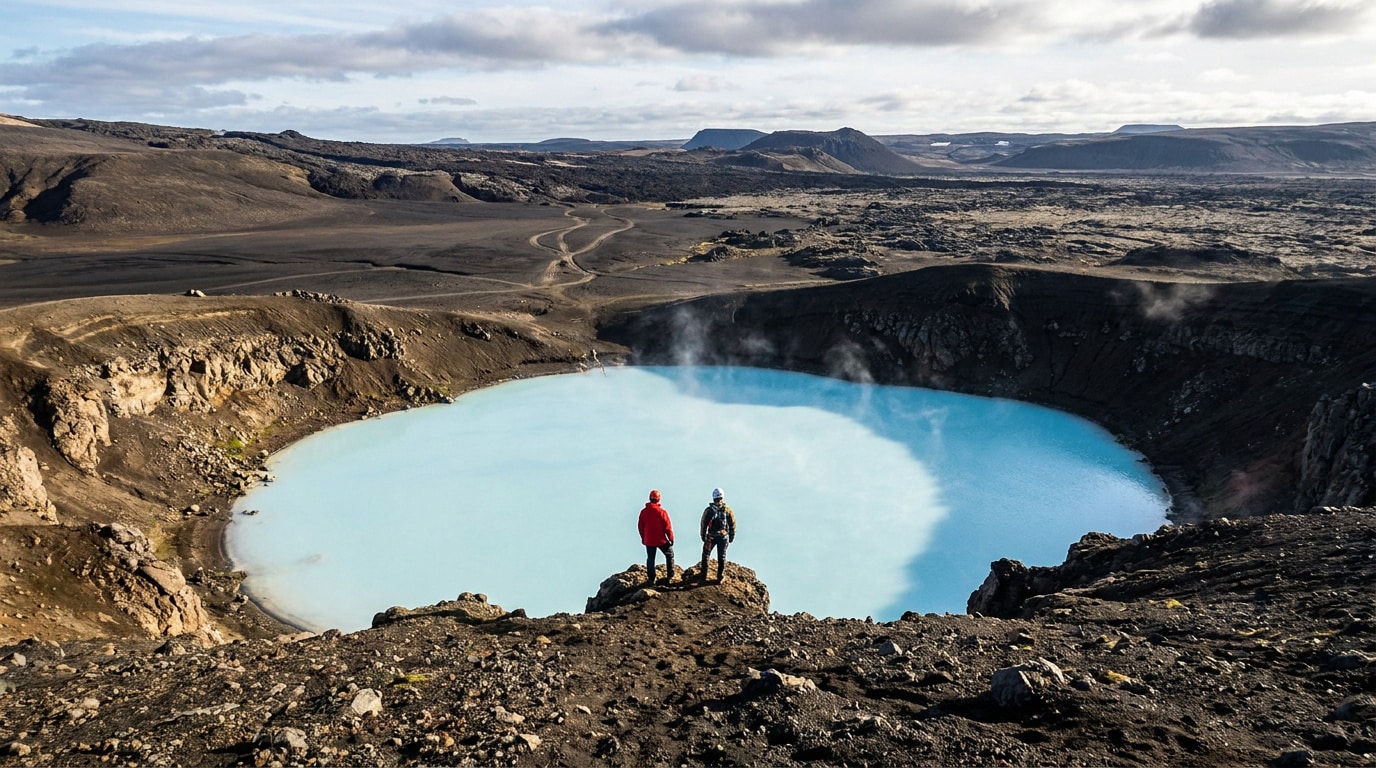 Deux randonneurs contemplant le lac bleu turquoise du cratère volcanique Víti dans les Hautes Terres d'Islande.