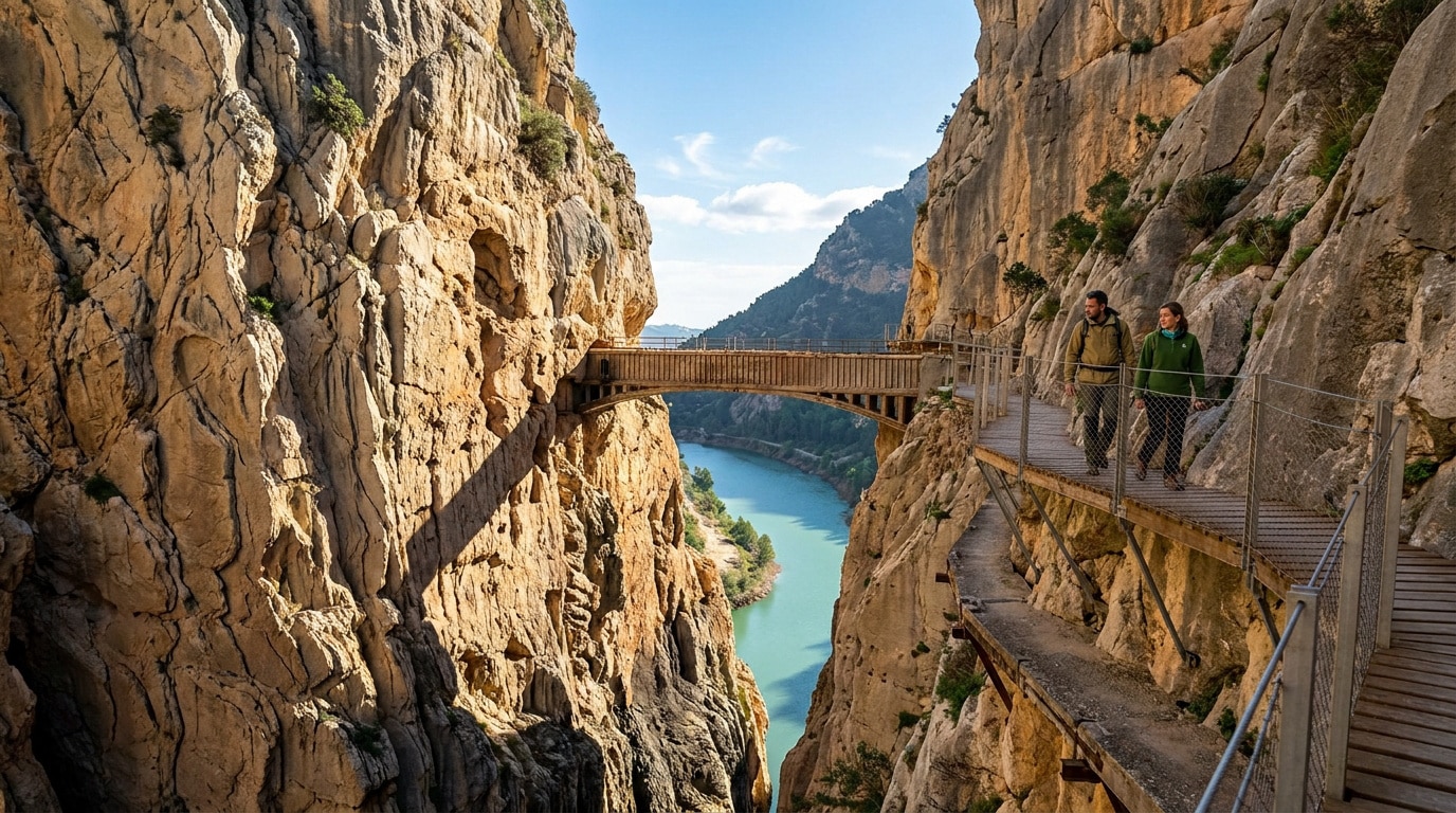 Couple marchant sur la passerelle suspendue du Caminito del Rey au-dessus d'une rivière encaissée dans les falaises.