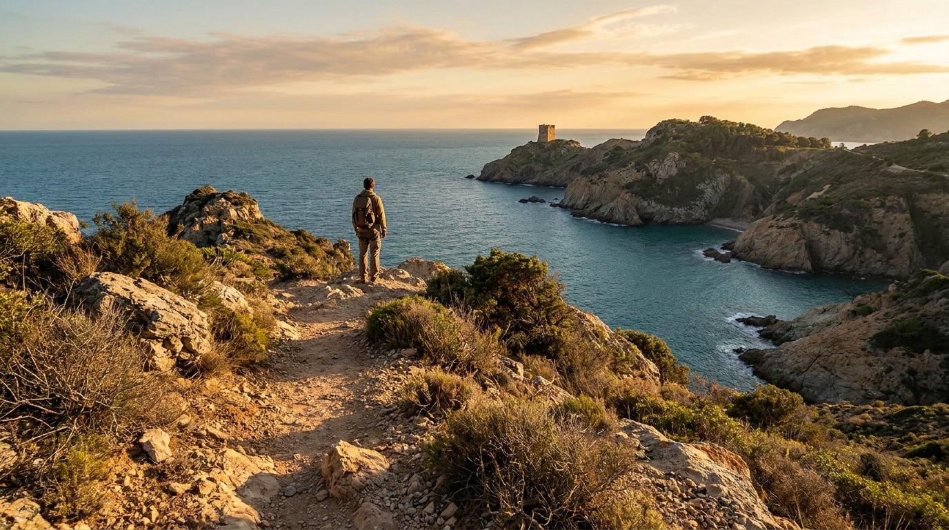 Un randonneur avec un sac à dos admire la vue sur la mer et la tour du Cap Norfeu au coucher du soleil.