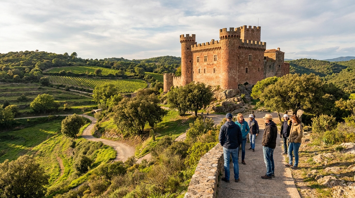 Groupe de visiteurs admirant le Château de Castelnou dominant un paysage de vignobles et de collines verdoyantes.