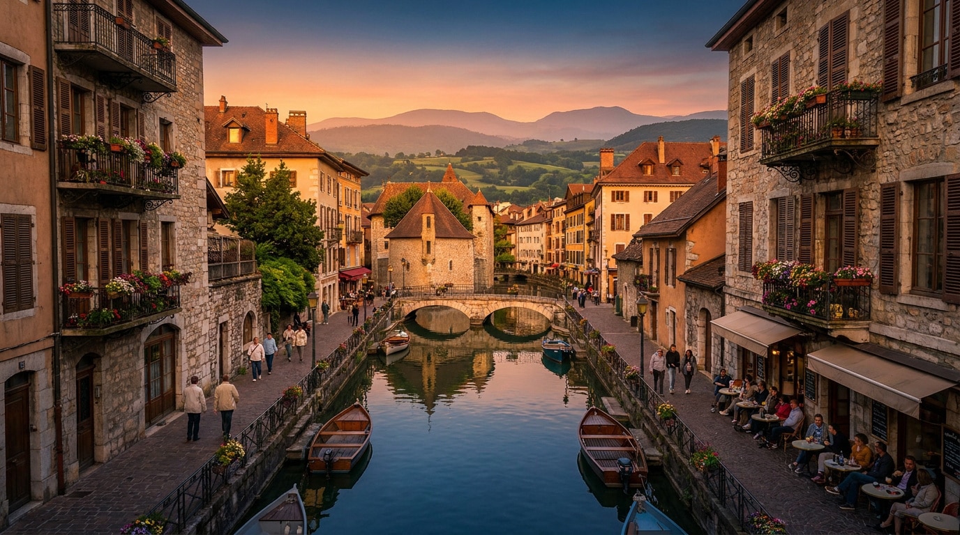 Vue pittoresque d'Annecy avec son canal, ses ponts et ses fleurs au coucher du soleil.