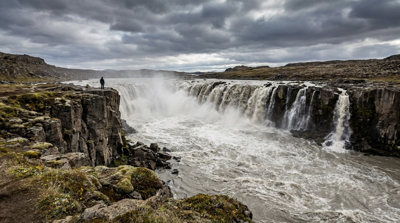 Une personne debout au bord de la puissante cascade Dettifoss, entourée de falaises rocheuses sous un ciel nuageux.