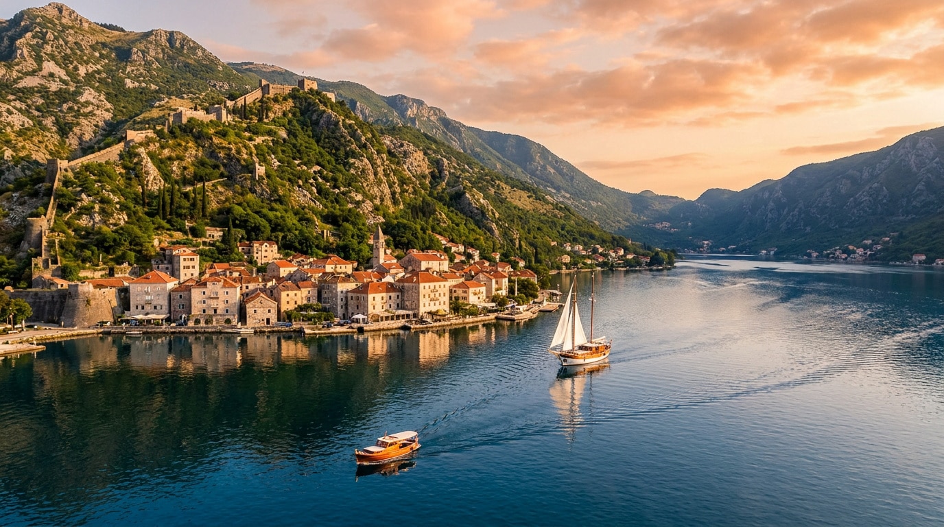 Vue panoramique de la vieille ville de Kotor au Monténégro, bordée par les montagnes, avec des bateaux sur l'eau.