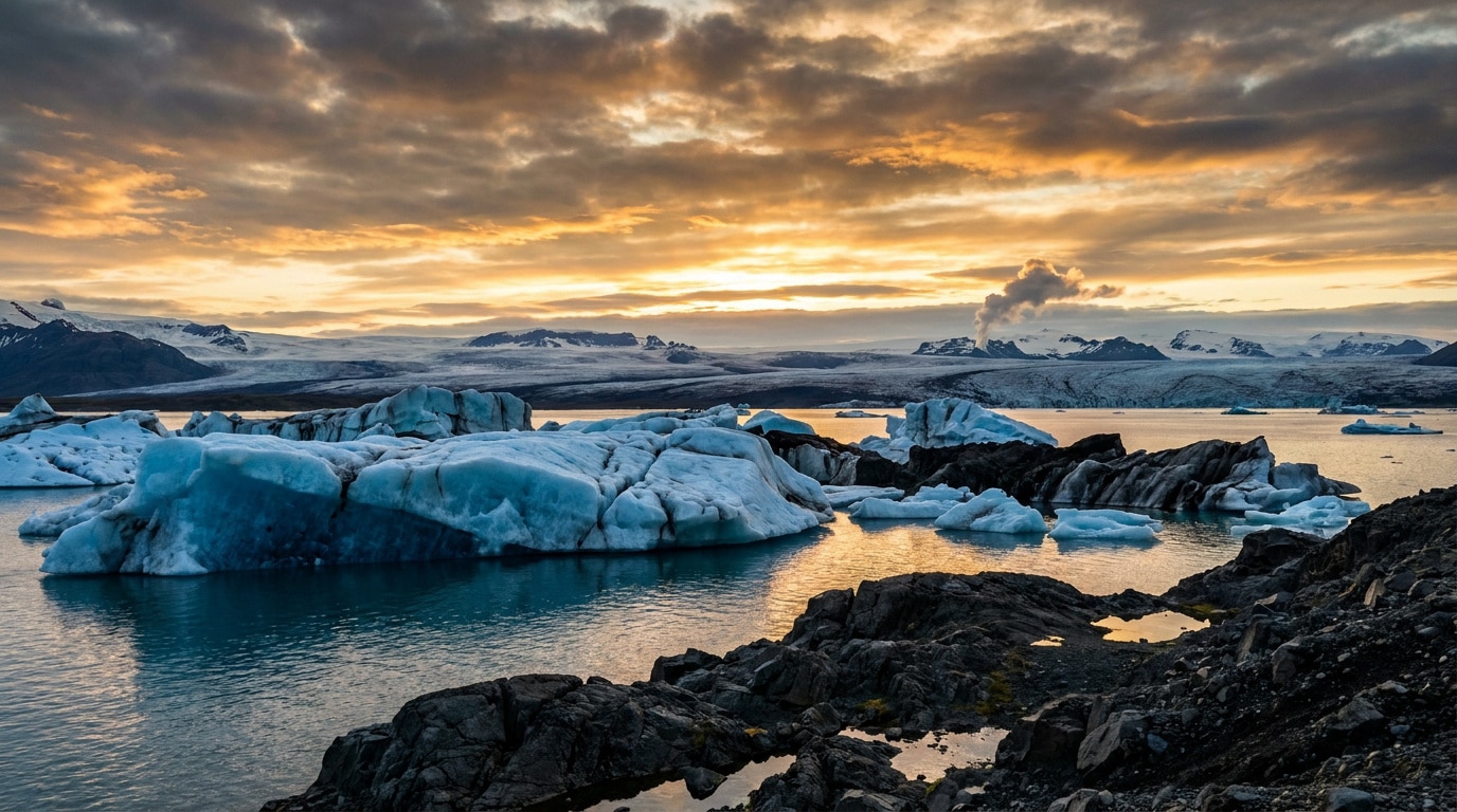 Icebergs flottant dans le lagon glaciaire de Jökulsárlón en Islande au coucher du soleil sous un ciel nuageux.