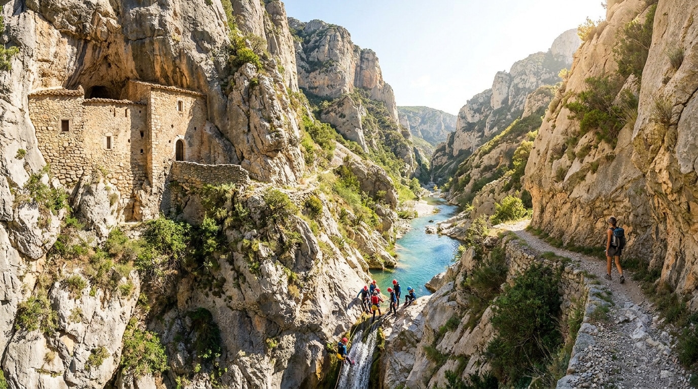 Randonneuse observant des canyoneurs près de l'Ermitage Saint-Antoine dans les spectaculaires Gorges de Galamus.