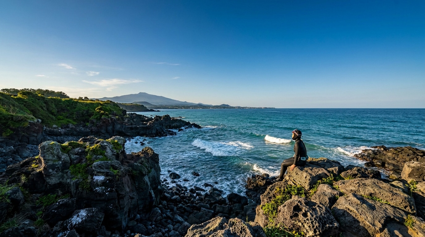 Une plongeuse Haenyeo en combinaison noire assise sur des rochers volcaniques face à la mer bleue de l'île Jeju.