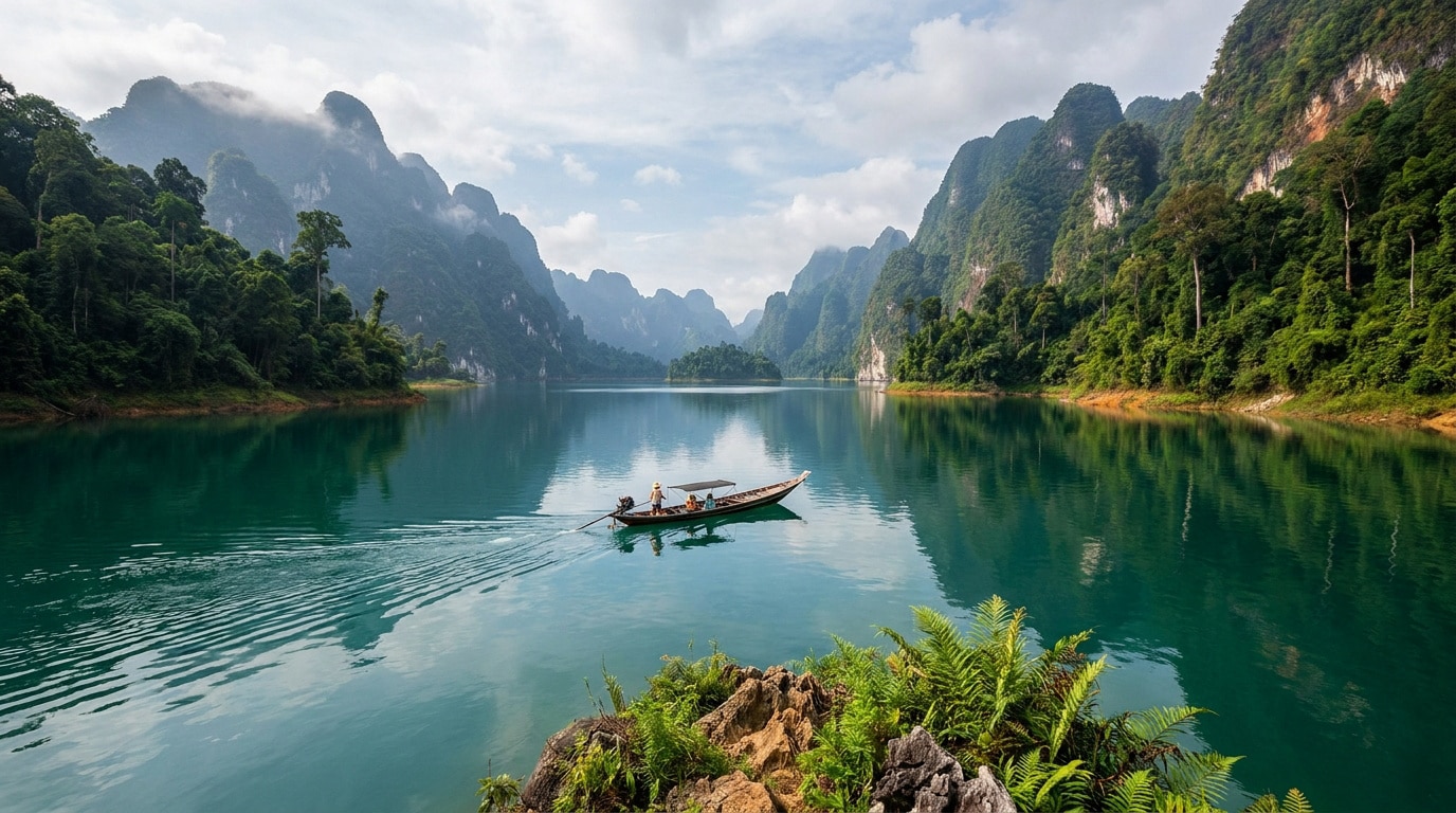 Une longue barque traditionnelle navigue sur les eaux turquoise du lac Cheow Lan, entourée de montagnes karstiques.