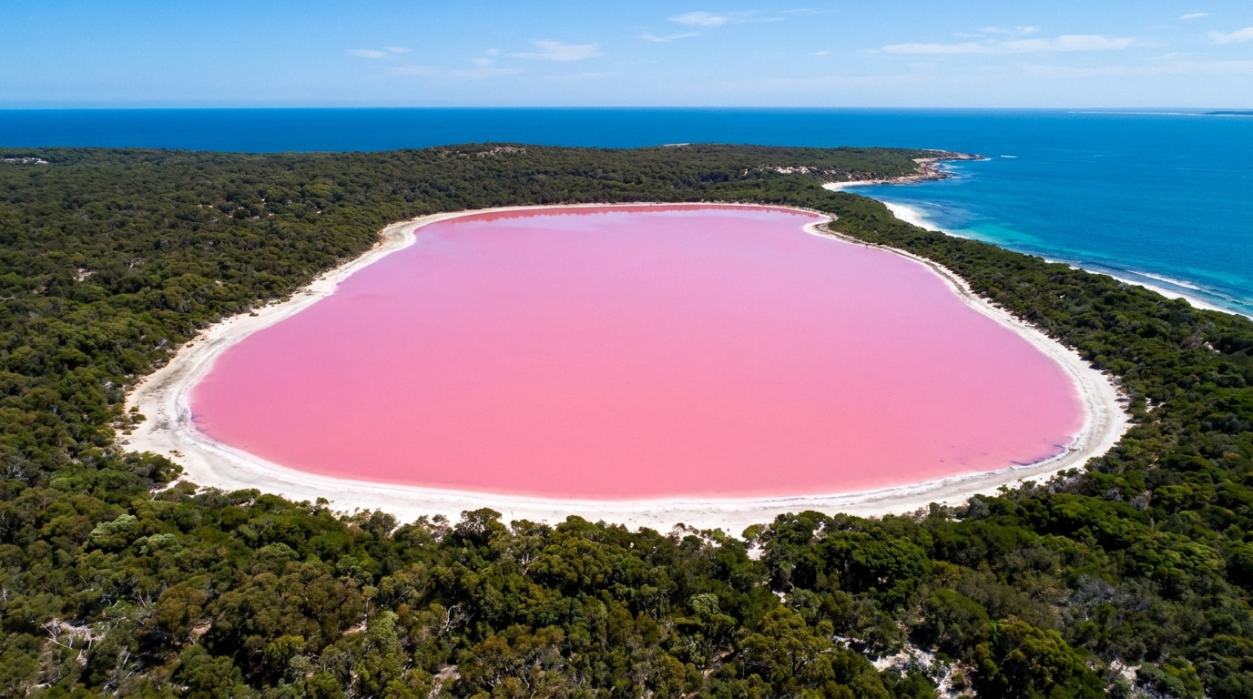 Vue aérienne du Lac Hillier, un lac rose vif entouré de forêts denses et de l'océan bleu en Australie.