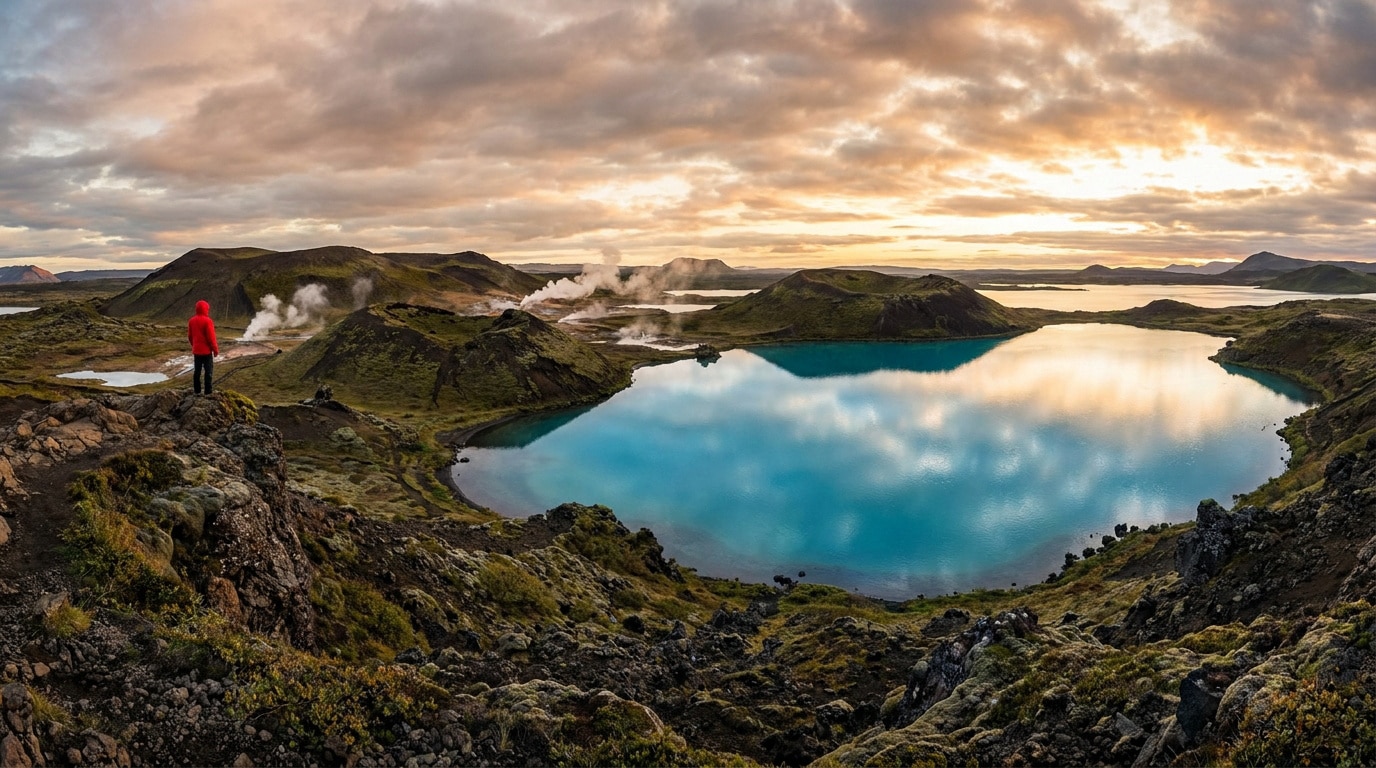 Randonneur en veste rouge face à un lac bleu turquoise au cœur des cratères volcaniques d'Islande sous un ciel nuageux.