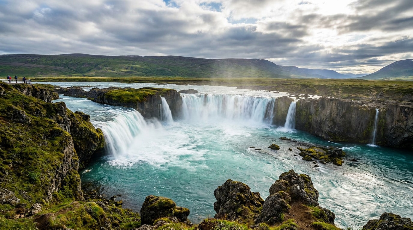 Vue panoramique de la cascade Goðafoss, chute d'eau islandaise en fer à cheval avec une eau turquoise et des rochers.