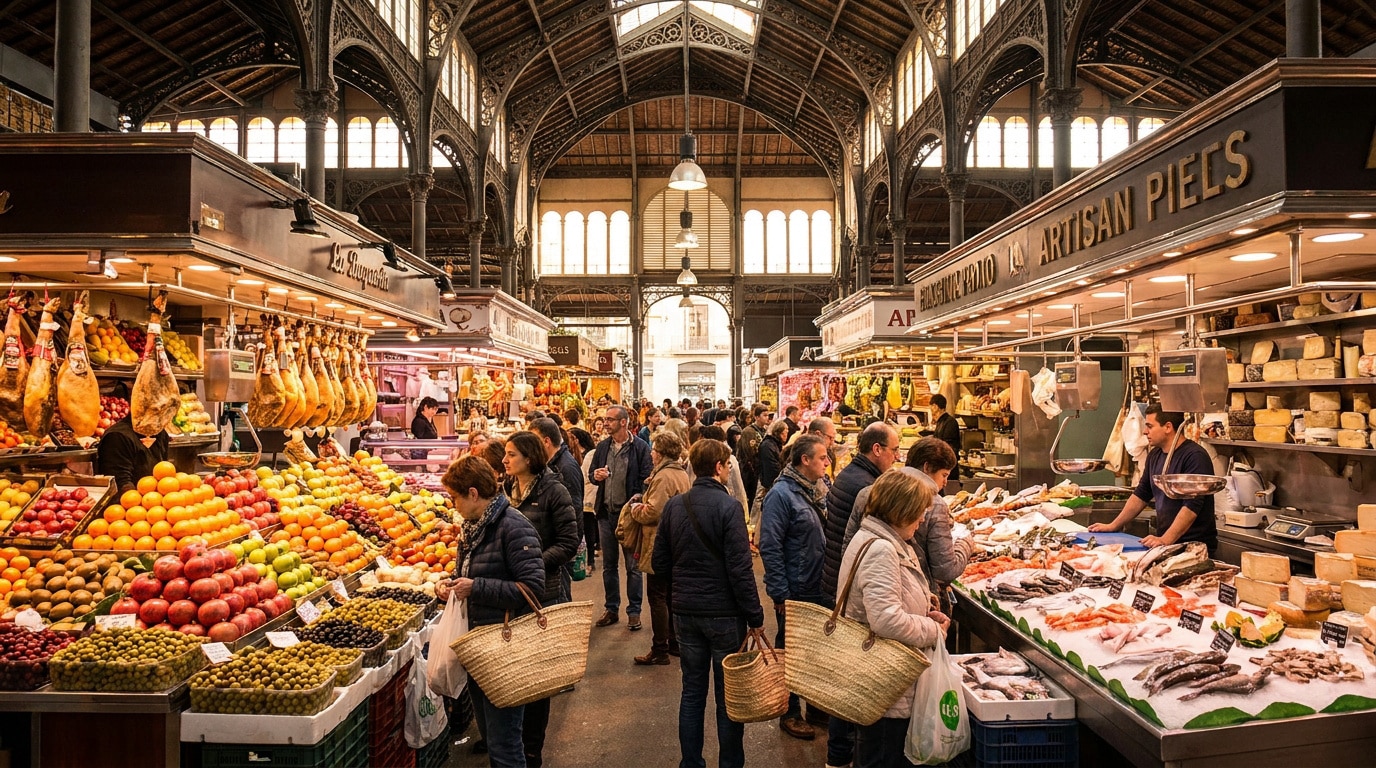 Une allée animée du marché de la Boqueria avec des étals de fruits, de jambons serranos et de poissons frais.