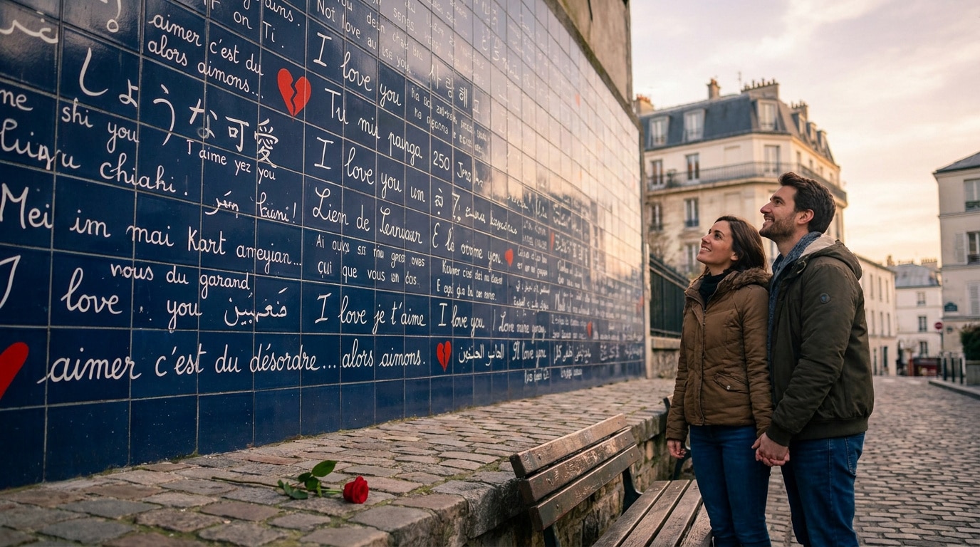 Un couple contemple le Mur des Je t'aime à Paris, avec une rose posée sur le sol pavé au premier plan.