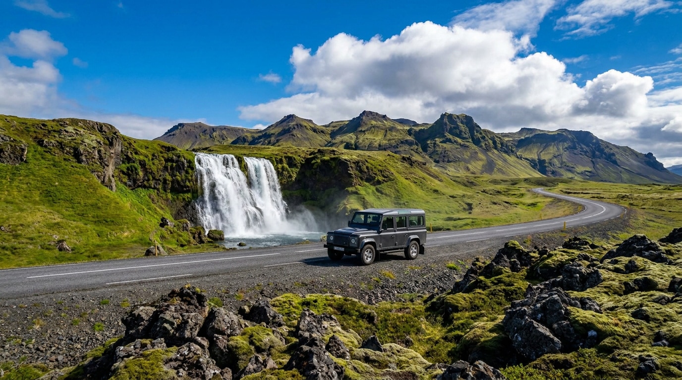 Un 4x4 roule sur une route islandaise devant une cascade majestueuse au milieu d'un paysage montagneux verdoyant.