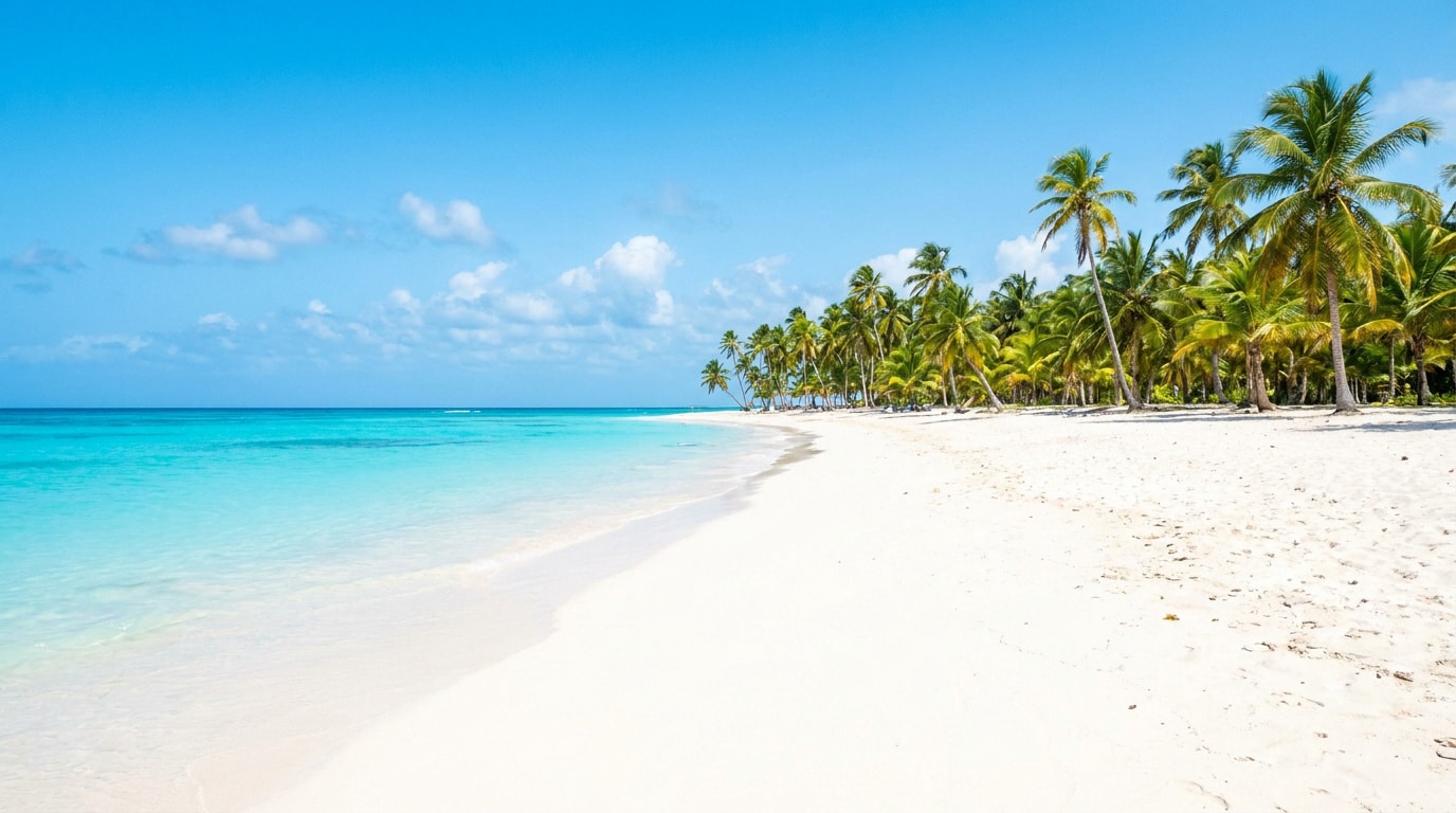 Plage de sable blanc bordée de palmiers donnant sur une mer turquoise cristalline sous un ciel bleu dégagé.