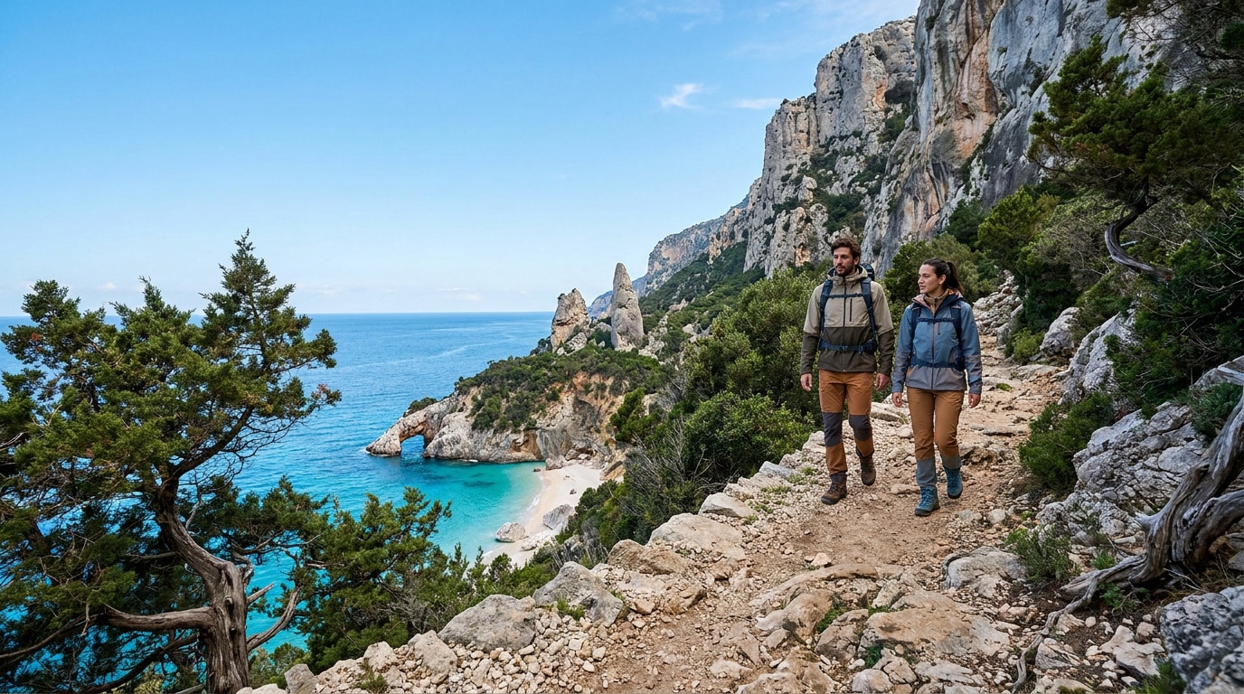 Un couple de randonneurs marche sur un sentier côtier escarpé surplombant une plage aux eaux turquoise en Sardaigne.