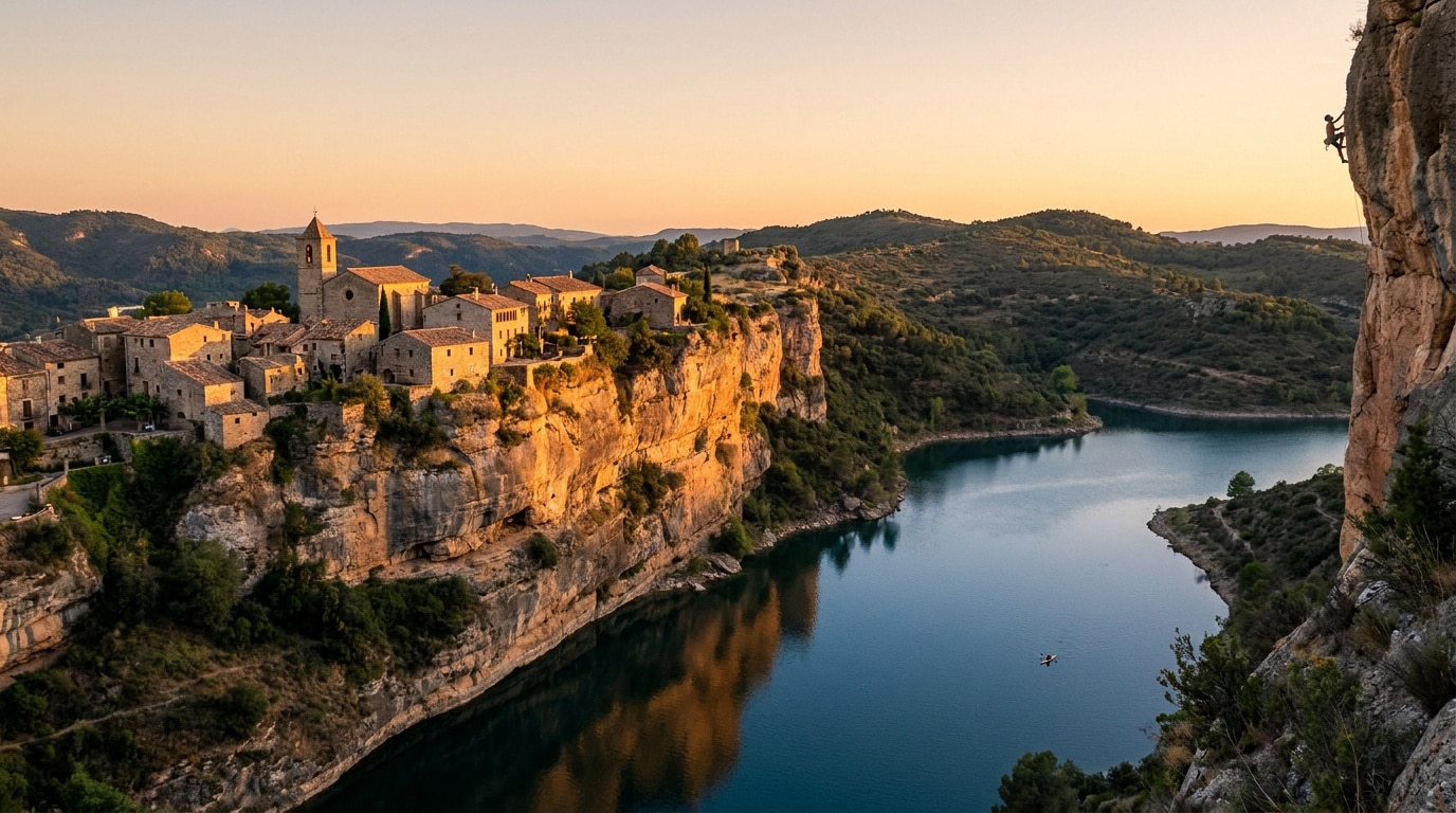 Village médiéval de Siurana perché sur une falaise surplombant un lac avec un grimpeur sur le rocher au premier plan.