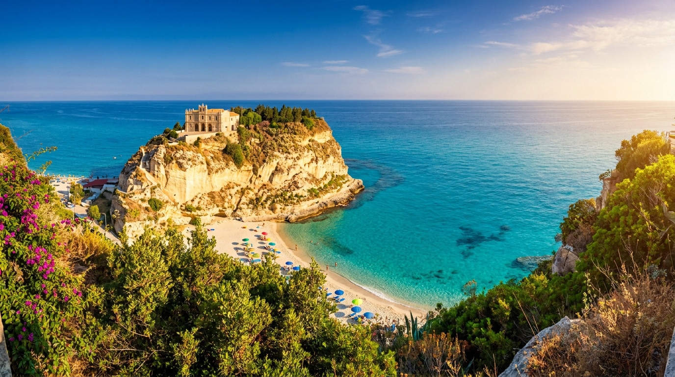 Vue panoramique du sanctuaire Santa Maria dell'Isola sur son promontoire rocheux surplombant une plage de Tropea en Italie.