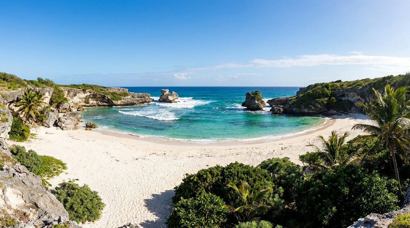 Vue panoramique d'une crique isolée aux eaux turquoise, bordée de sable blanc et de rochers sur l'île Rodrigues.