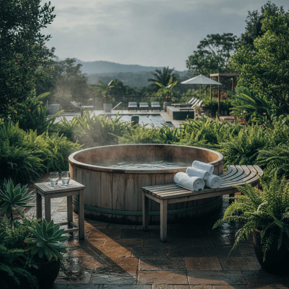 Terrasse privative avec jacuzzi extérieur en bois, alternative intime au spa partagé